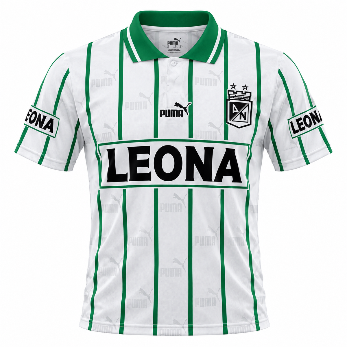 Front of the white Atlético Nacional retro jersey by Puma, with green stripes, Leona on the chest and polo collar