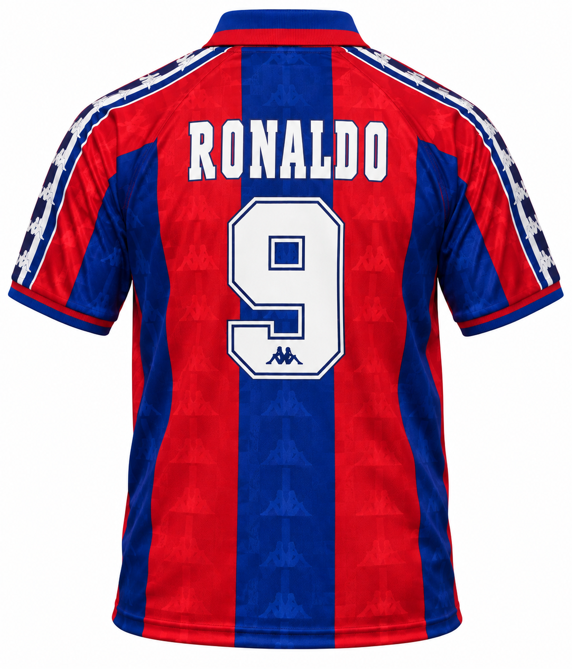 Espalda de la camiseta retro del Barcelona 1996-97 con RONALDO y el 9 en blanco