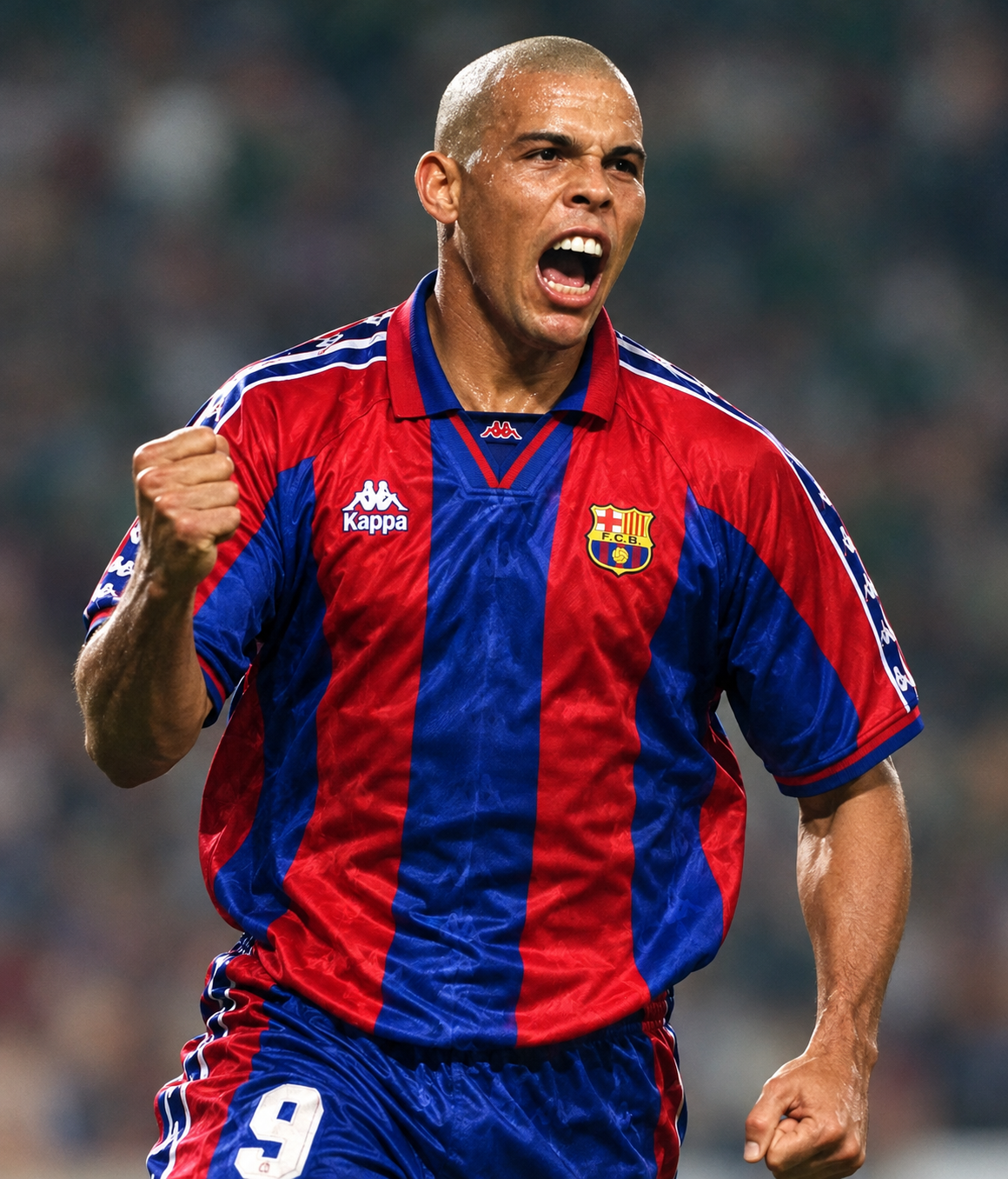 Ronaldo celebrando un gol con la camiseta del Barcelona 1996-97