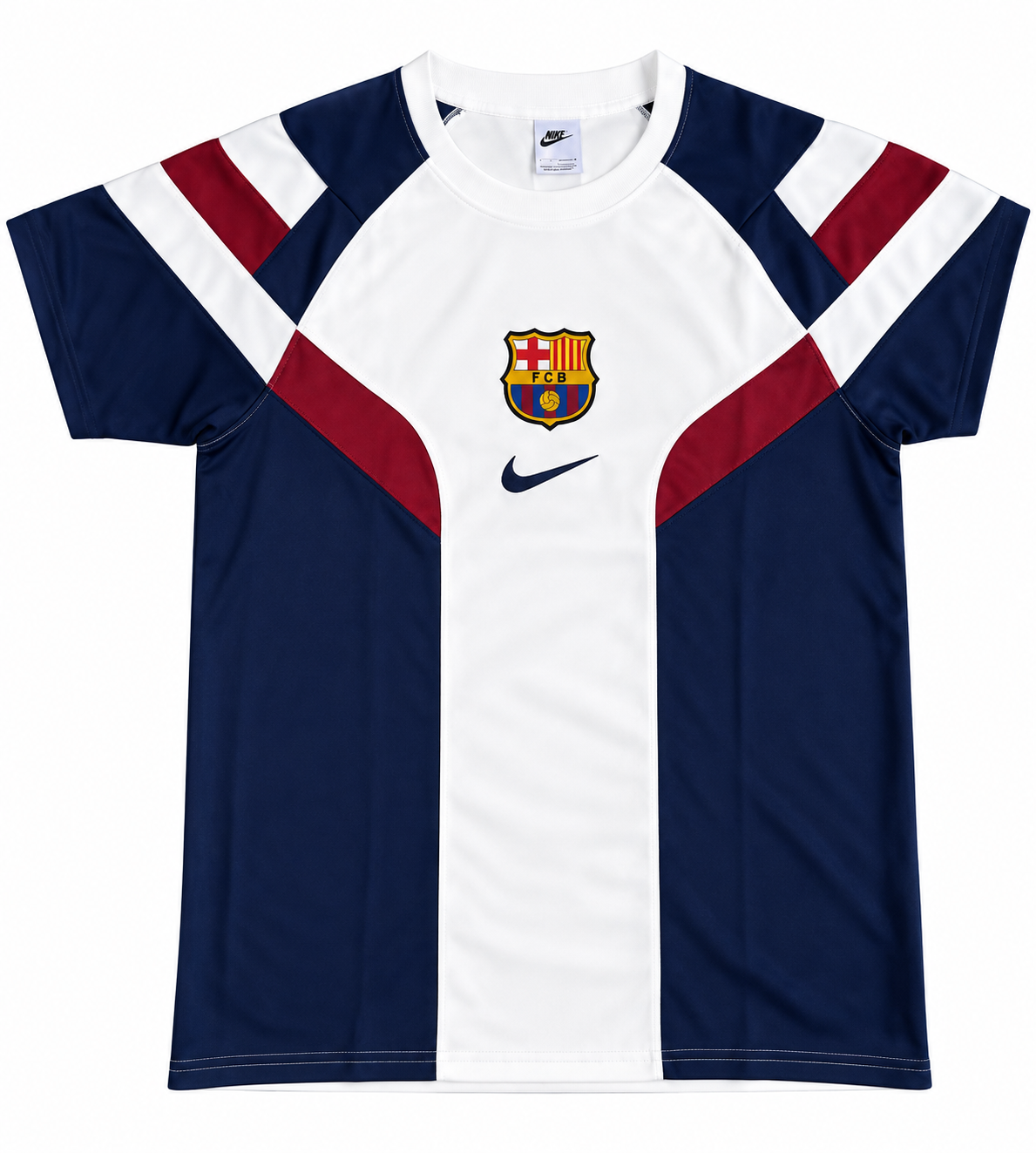 Camiseta retro del FC Barcelona blanca con costados azul oscuro y franjas granate en el pecho, con el escudo del club