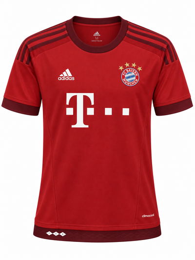 Camisa retrô do Bayern de Munique 2015-16 em vermelho com ombros vinho e as quatro estrelas