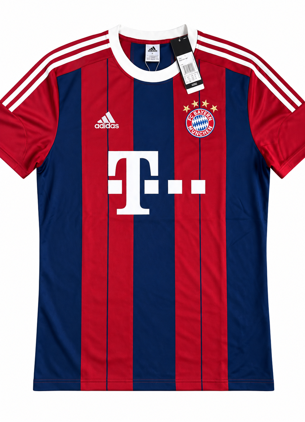 Camiseta retro del Bayern Múnich a rayas verticales rojas y azul oscuro, con mangas rojas, tres franjas blancas y el escudo del club