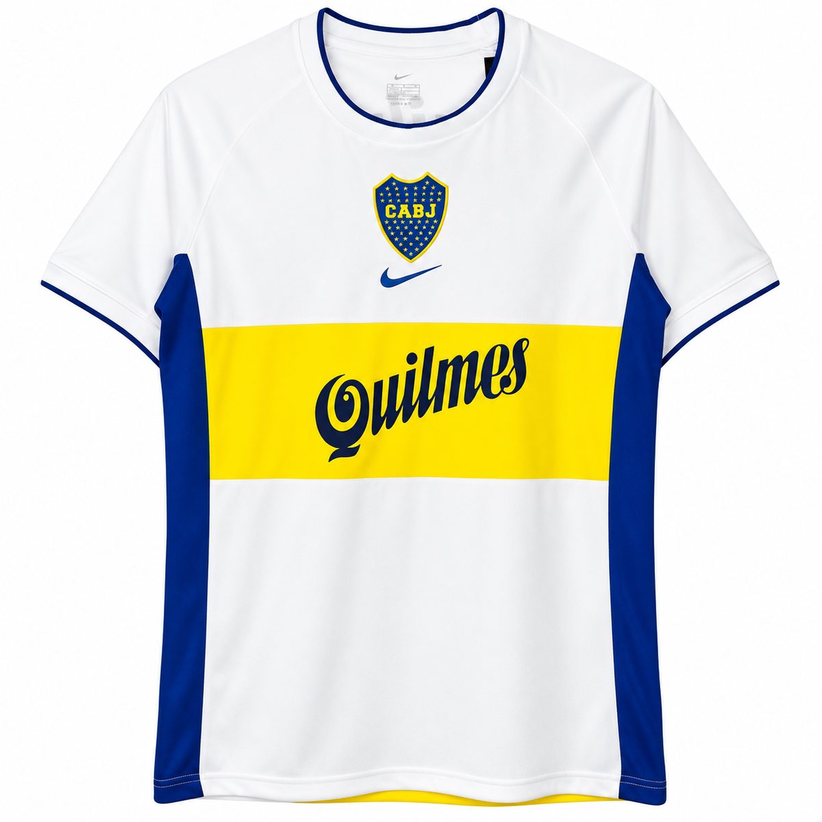 Frente de la camiseta retro blanca de Boca Juniors con franja amarilla, Quilmes, escudo CABJ y costados azules