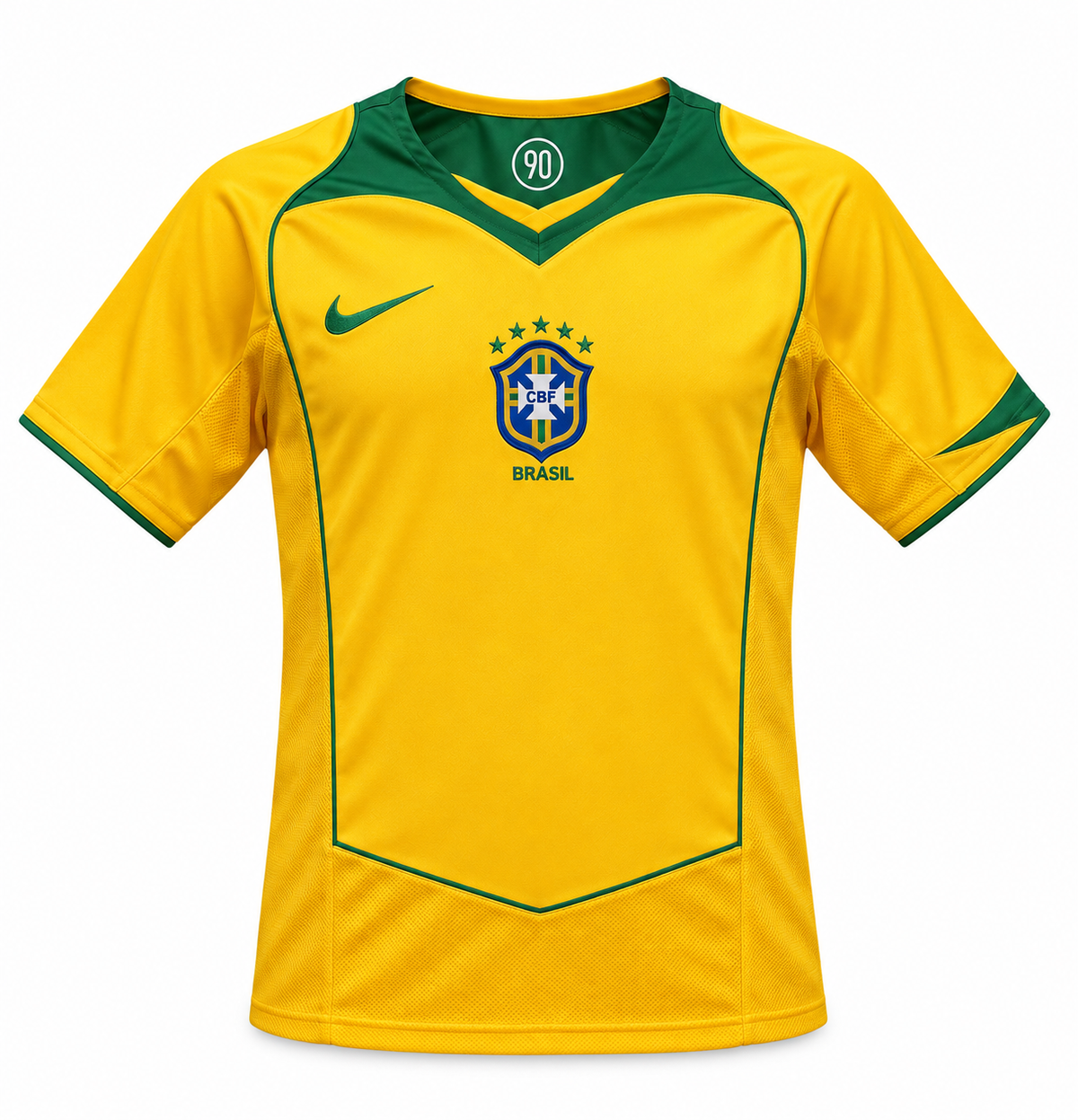 Camiseta retro amarilla de Brasil 2004 con cuello verde, el 90 de Total 90 y el escudo de la CBF