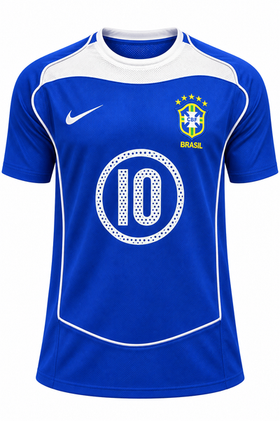 Camisa retrô azul do Brasil 2004 da Nike com o 10 em um círculo na frente
