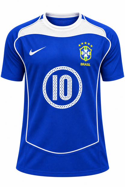 Camisa retrô azul do Brasil 2004 da Nike com o 10 em um círculo na frente