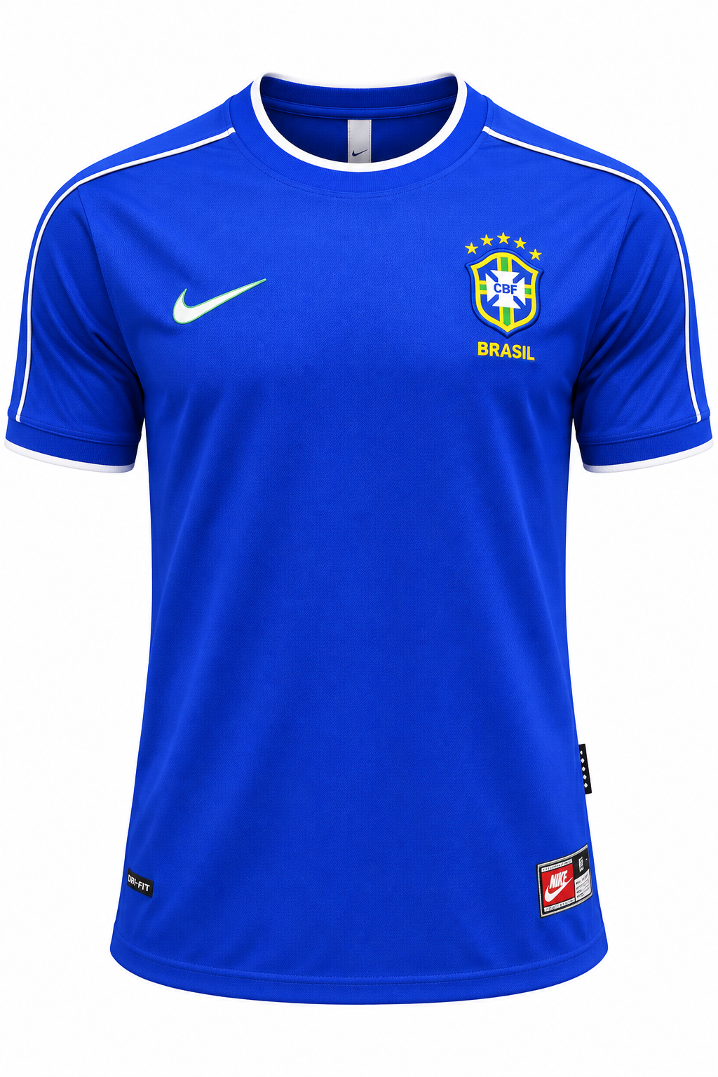 Camisa retrô azul reserva do Brasil 1998 da Nike com gola redonda branca