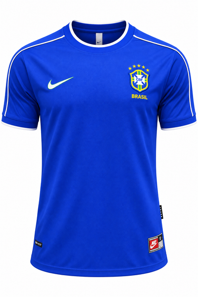 Camisa retrô azul reserva do Brasil 1998 da Nike com gola redonda branca