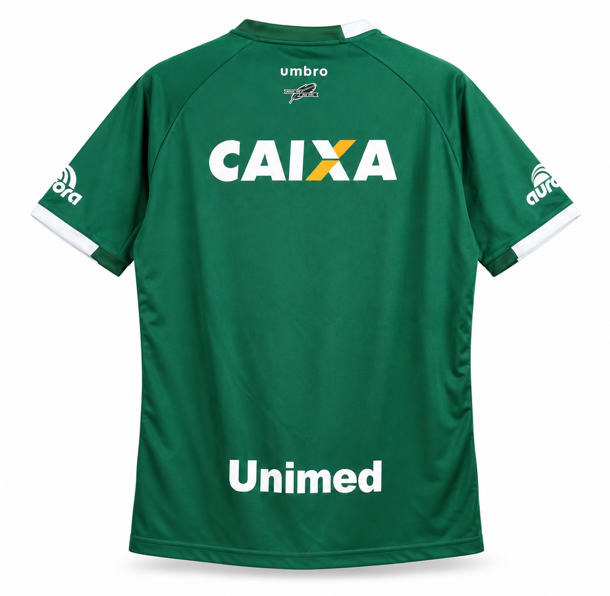 Espalda de la camiseta retro verde de Chapecoense con Caixa arriba y Unimed abajo