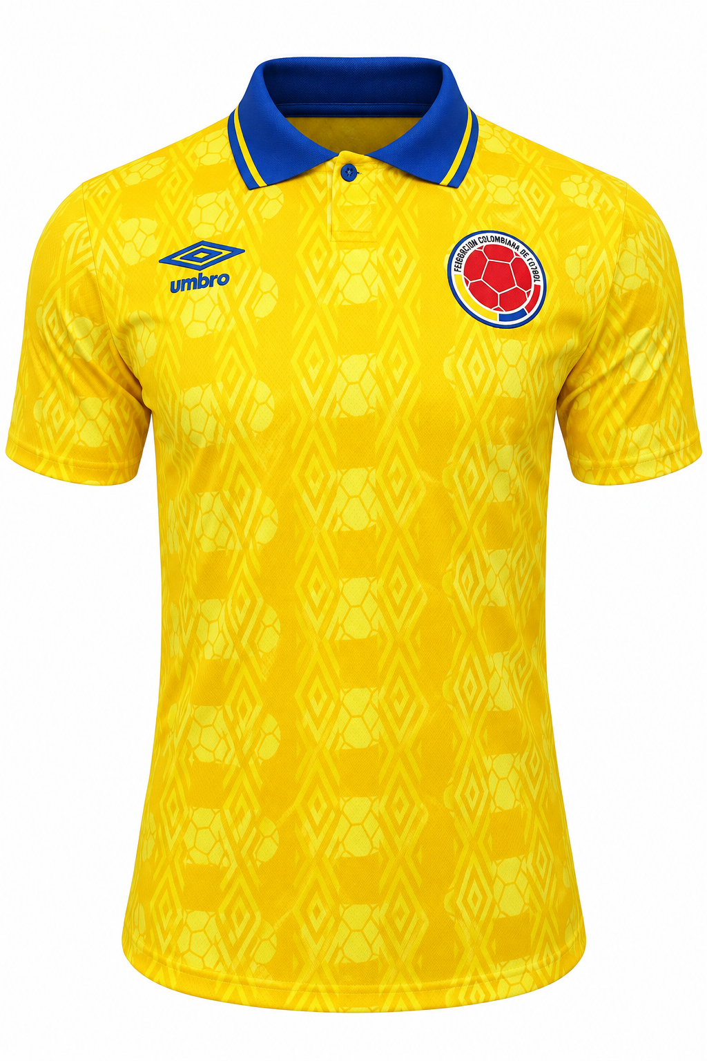 Camisa retrô amarela da Colômbia 1994 da Umbro com gola polo azul