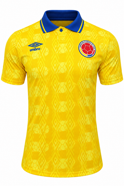 Camisa retrô amarela da Colômbia 1994 da Umbro com gola polo azul