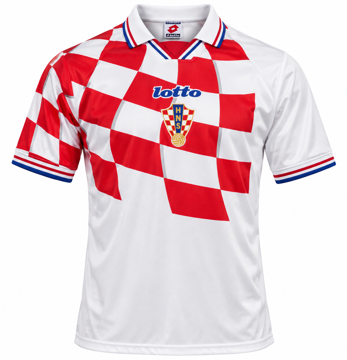 Camiseta retro de Croacia 1998 de Lotto blanca con el damero rojo cruzando el pecho