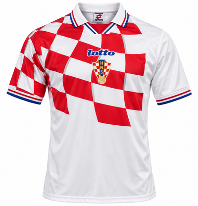 Camiseta retro de Croacia 1998 de Lotto blanca con el damero rojo cruzando el pecho