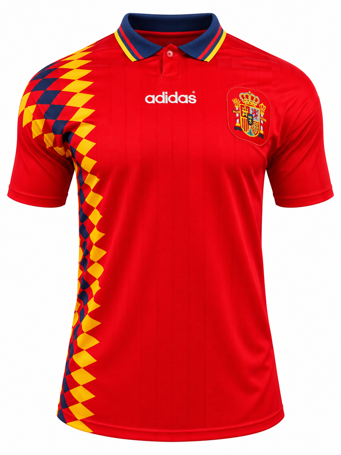 Camisa retrô Espanha 1994 titular vermelha com losangos na lateral