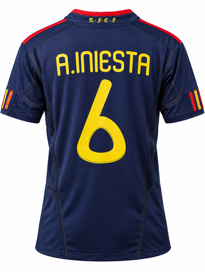 Costas da camisa retrô da Espanha 2010 com A.INIESTA e o 6 em amarelo