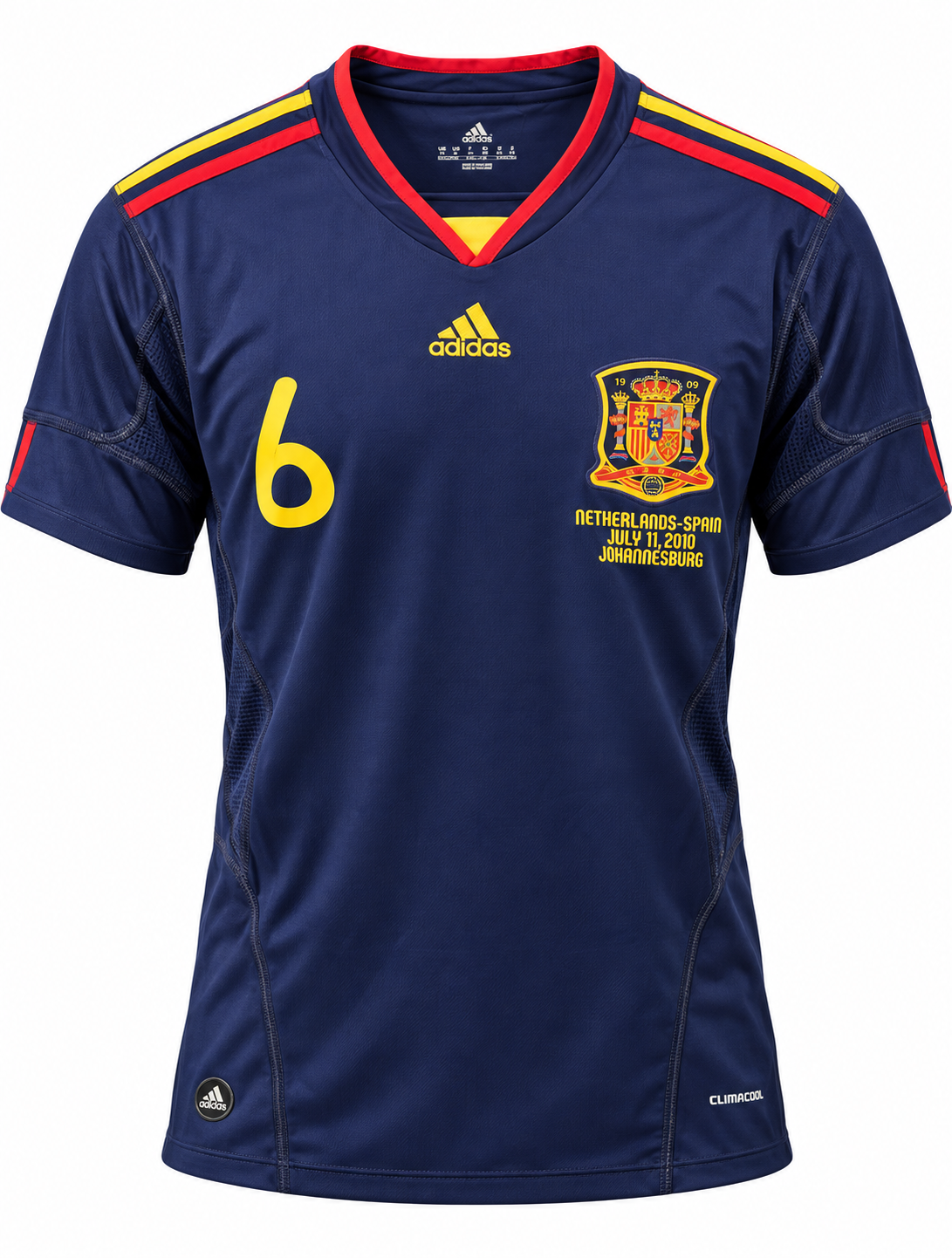 Camisa retrô da Espanha da final da Copa de 2010, azul-marinho com o 6 no peito