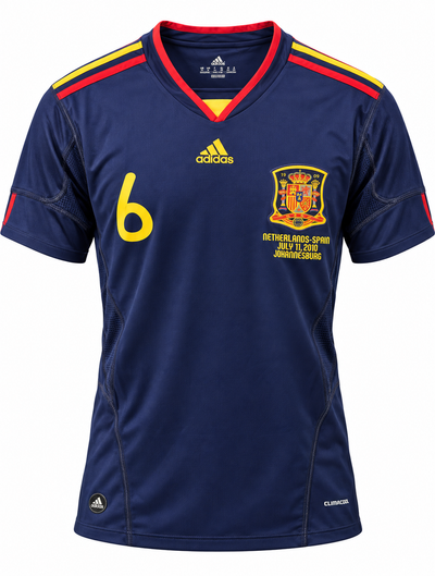 Camisa retrô da Espanha da final da Copa de 2010, azul-marinho com o 6 no peito