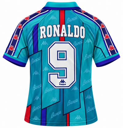 Camiseta retro FC Barcelona 1996-1997 turquesa, espalda con Ronaldo 9