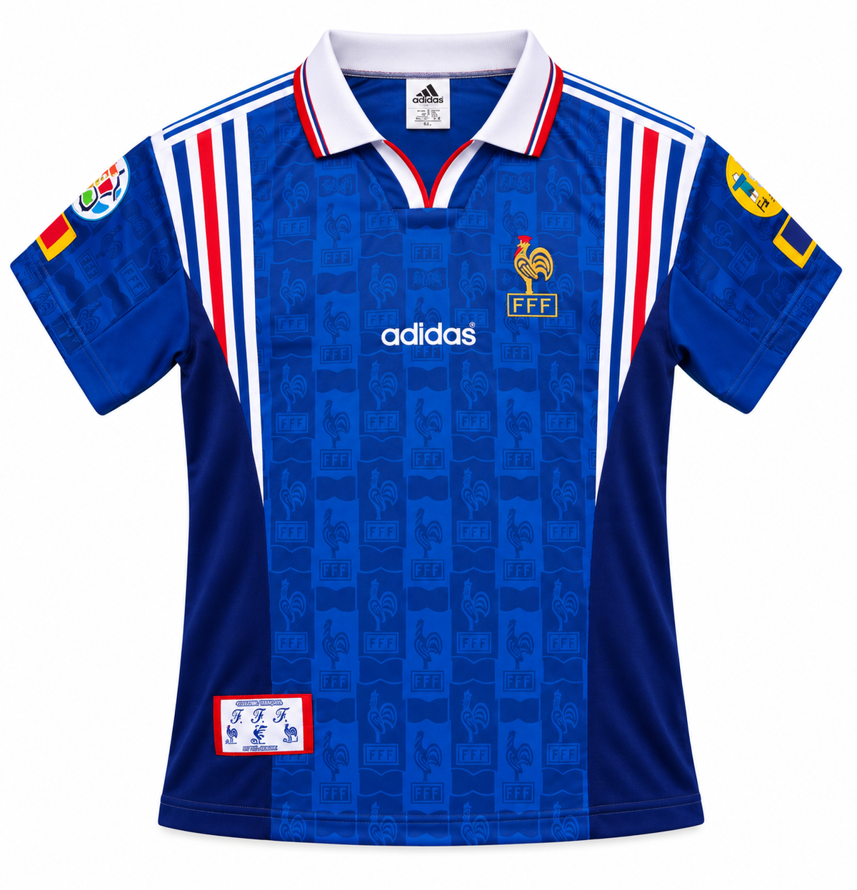 Camiseta retro azul de Francia 1996 con gallos estampados, cuello polo blanco y franjas tricolor