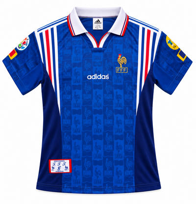 Camisa retrô azul da França 1996 com galos estampados, gola polo branca e listras tricolores