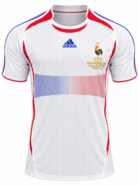 Camisa retrô França 2006 branca com faixa tricolor e galo dourado