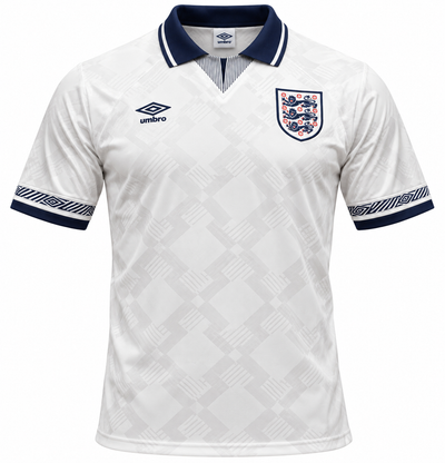 Camisa retrô da Inglaterra 1990 da Umbro branca com losangos em relevo e gola polo azul-marinho