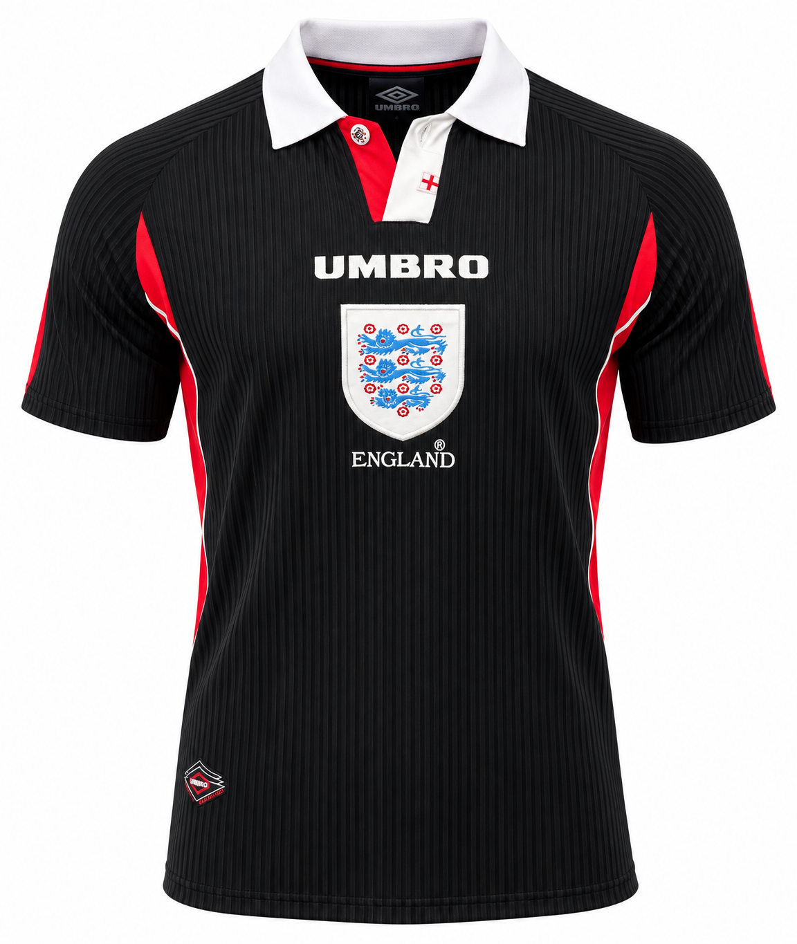 Camiseta retro de Inglaterra Umbro negra con rojo y cuello polo blanco