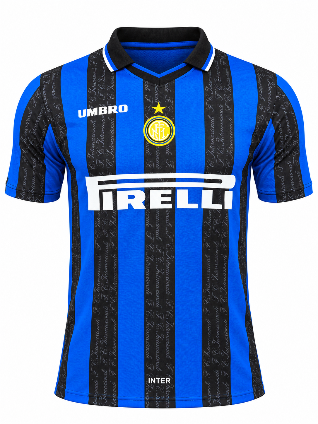 Retro Inter Milan 1997-1998 home jersey with blue and black stripes and Pirelli