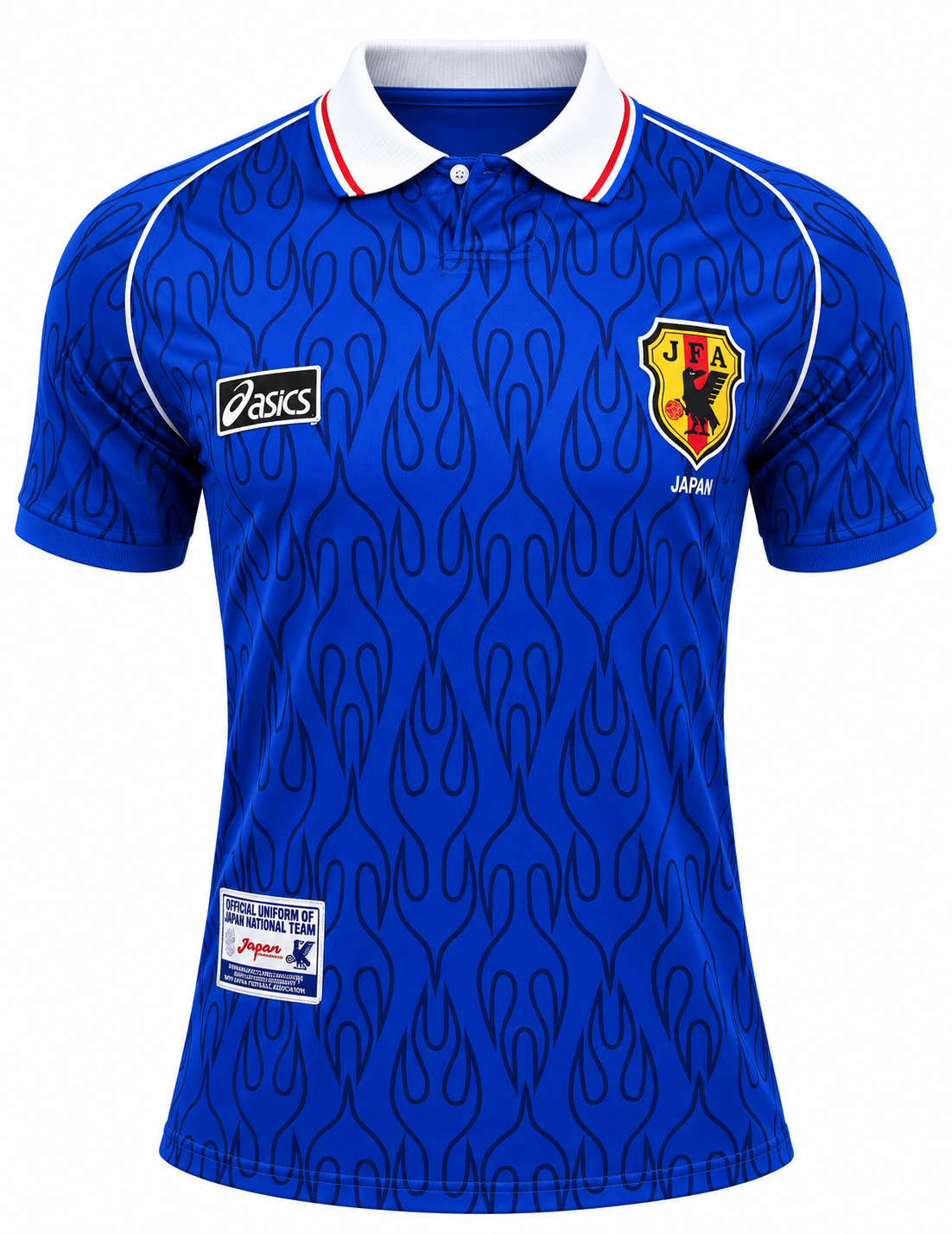 Camiseta retro Japón 1998 local azul con llamas de Asics