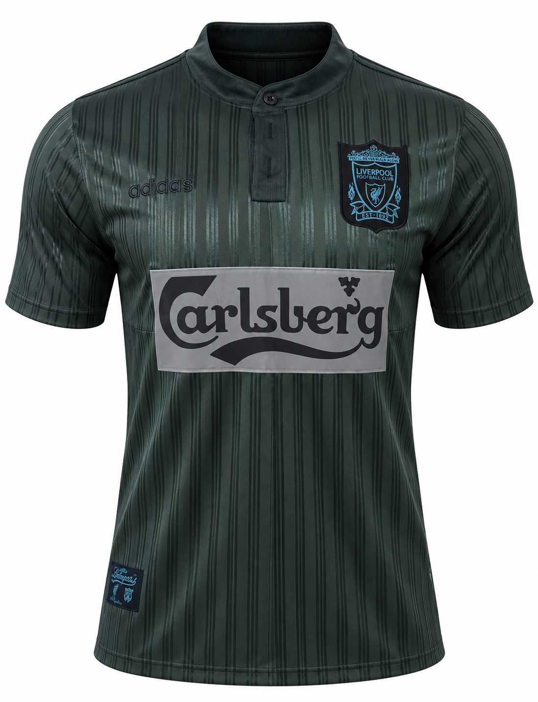 Camiseta retro Liverpool 1995-96 verde oscura con Carlsberg