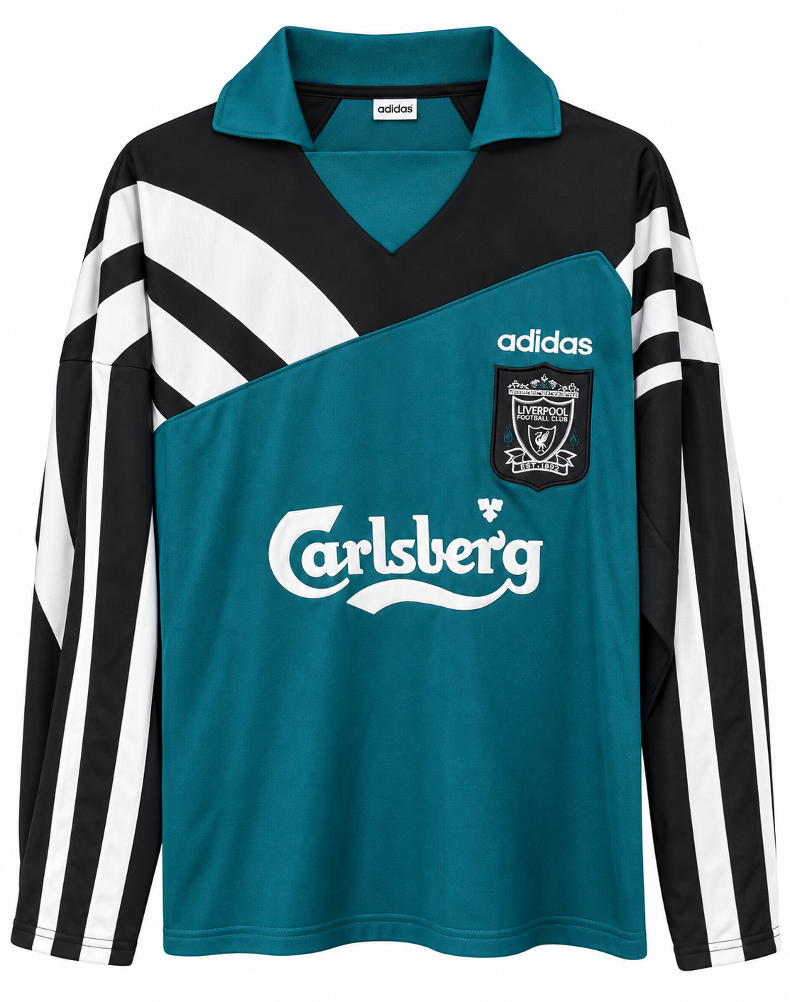 Camiseta retro manga larga del Liverpool 1995-96 visitante verde con cuadros blancos y negros