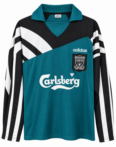 Camisa retrô de manga longa do Liverpool 1995-96 visitante em verde com xadrez preto e branco