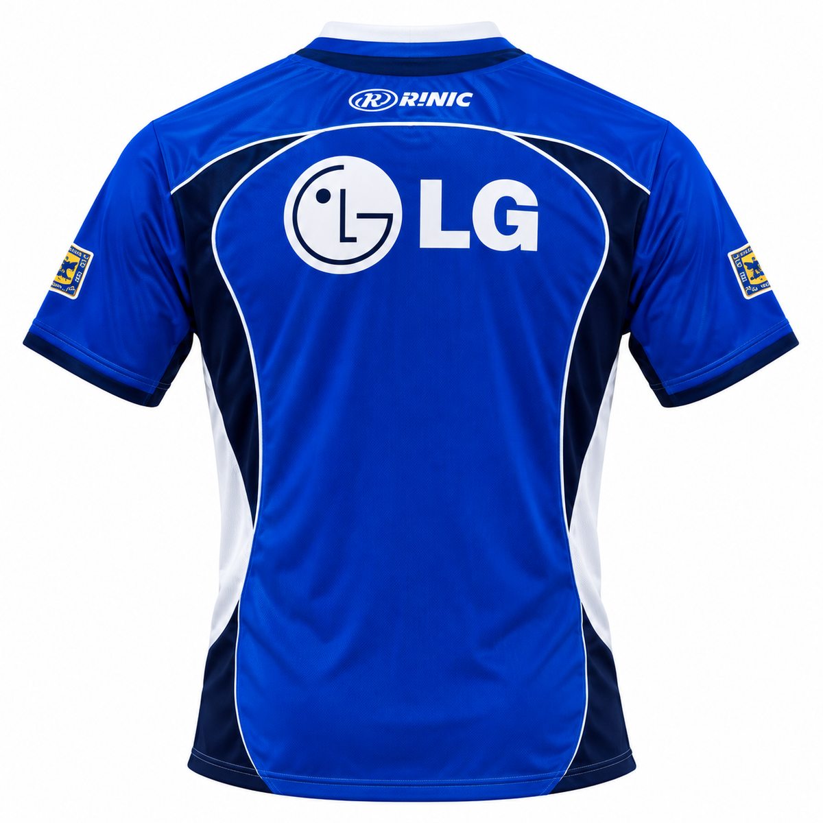 Espalda de la camiseta retro azul de Millonarios 2003 con LG y el logo Rinic