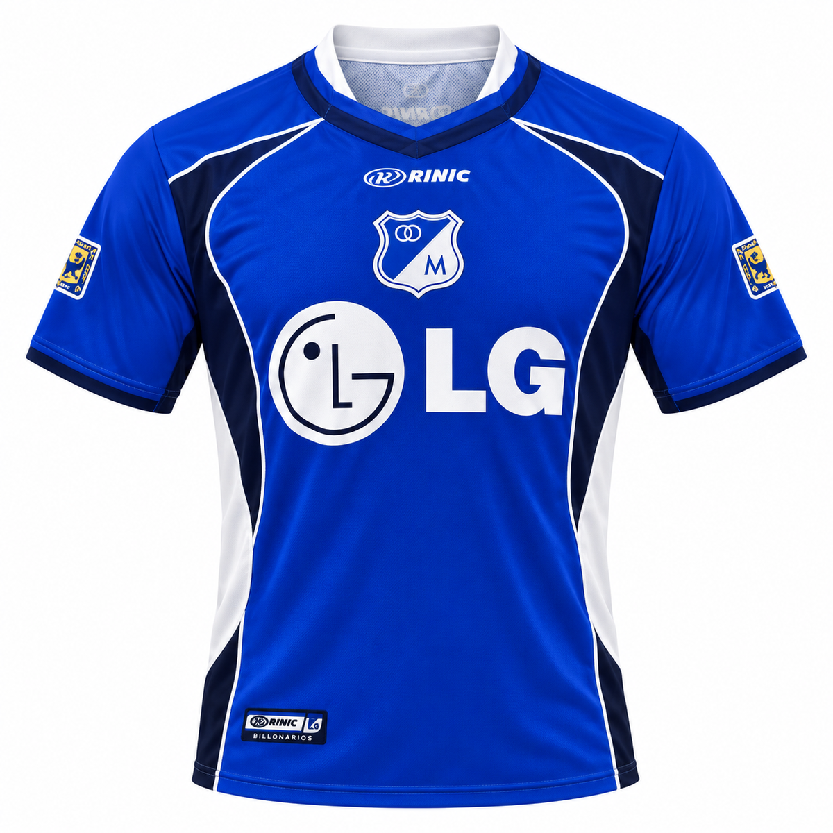 Frente de la camiseta retro azul de Millonarios 2003, Rinic, con LG al pecho y paneles laterales