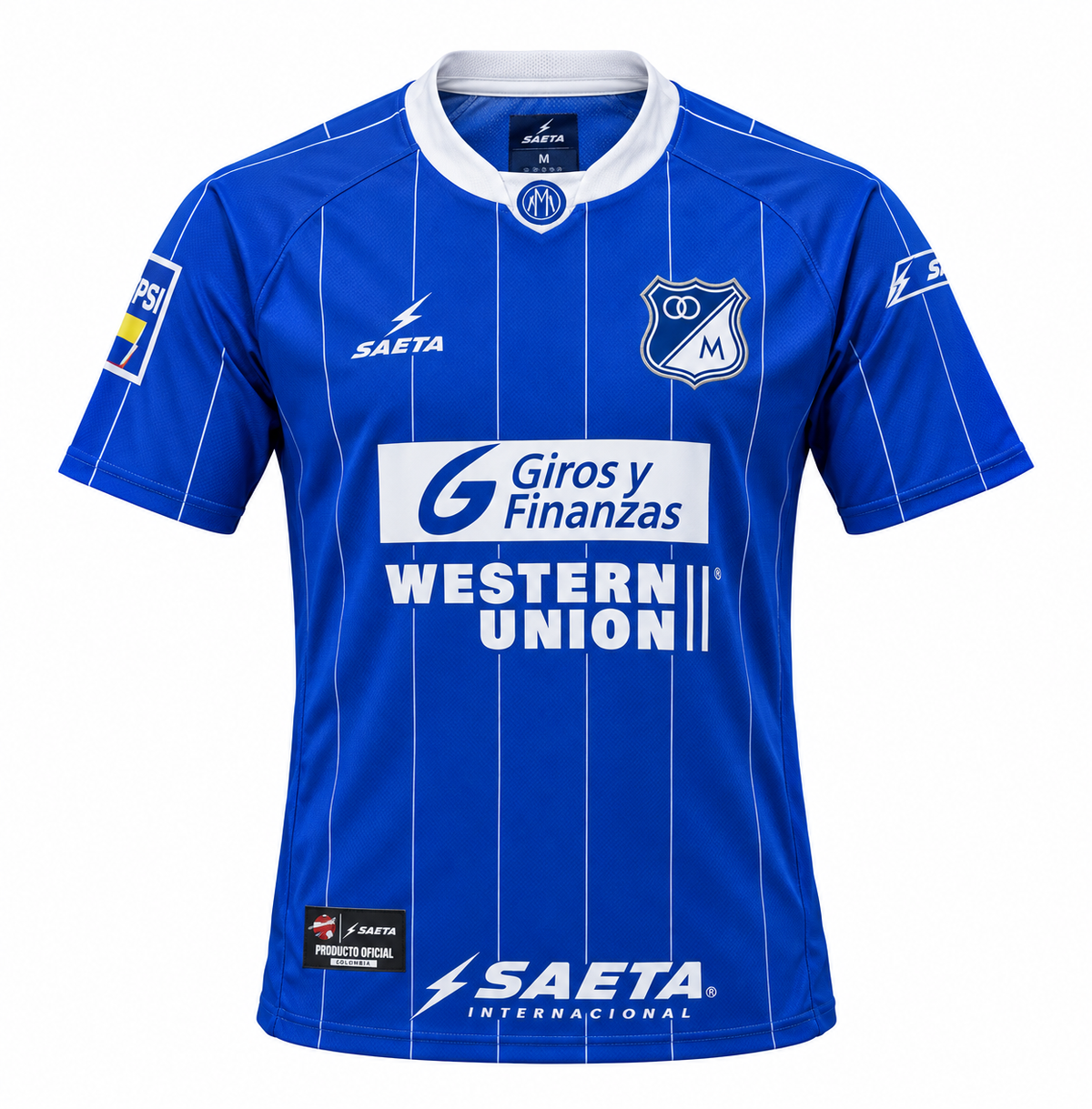 Frente de la camiseta retro azul de Millonarios 2005, Saeta, a rayas finas blancas con Western Union al pecho