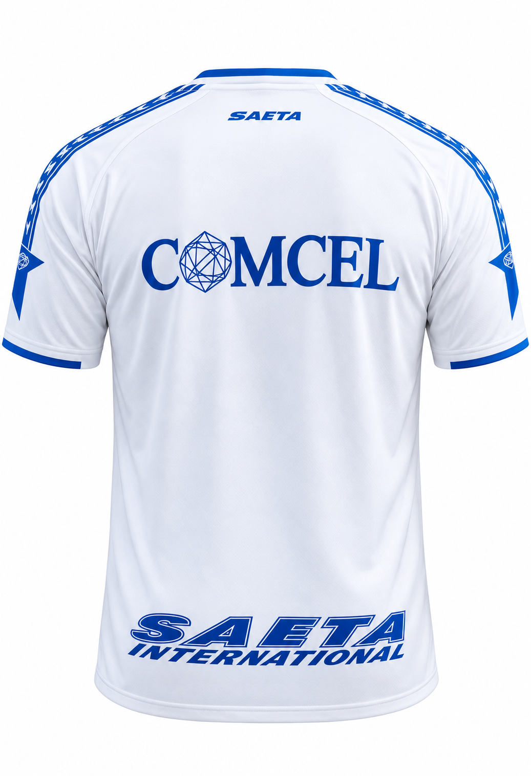 Camiseta Retro Millonarios 2001 Comcel, foto de estudio en fondo blanco