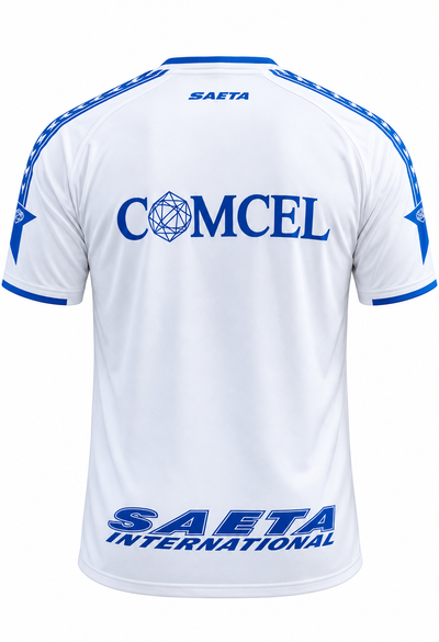 Camiseta Retro Millonarios 2001 Comcel, foto de estudio en fondo blanco