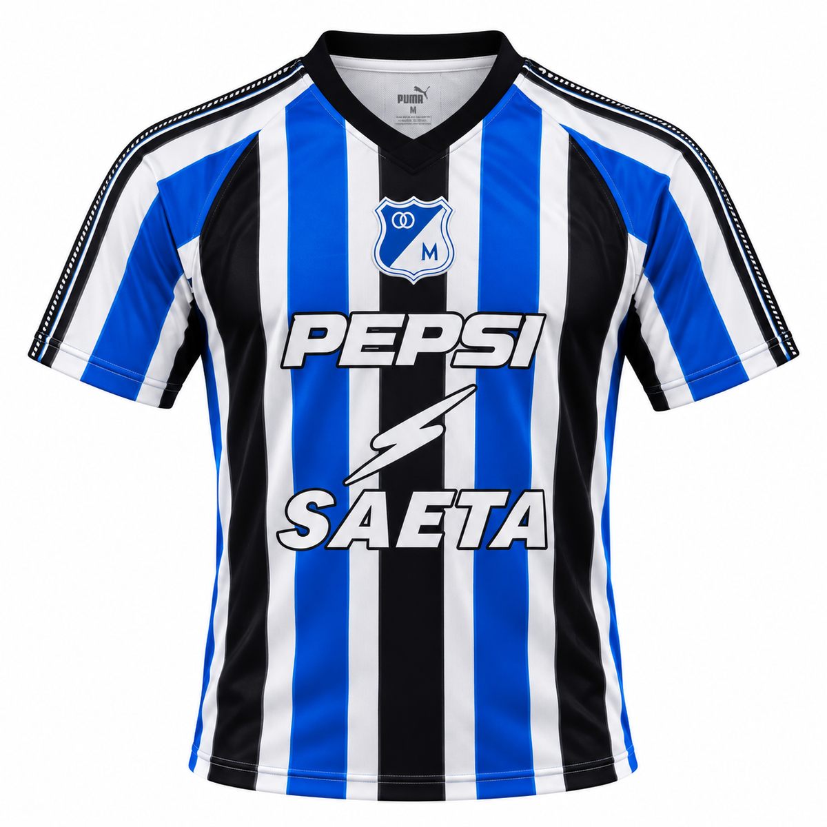 Front of the Millonarios Saeta retro jersey in blue, black and white stripes with Pepsi Saeta on the chest