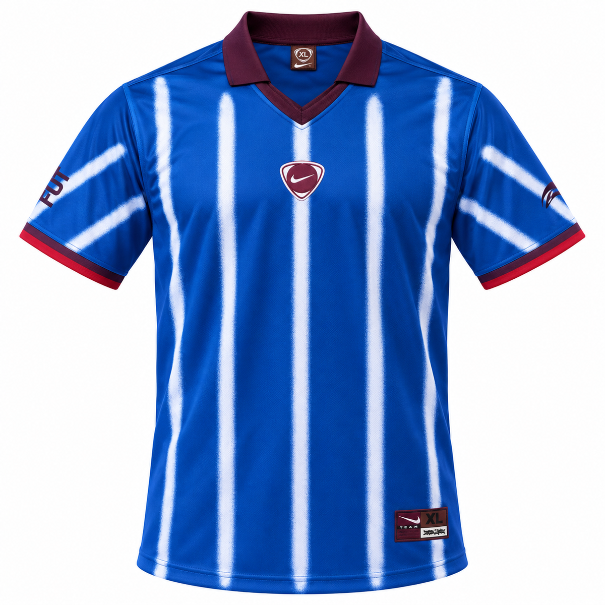 Camiseta retro Nike Total 90 azul rey con rayas blancas difuminadas y cuello polo vinotinto