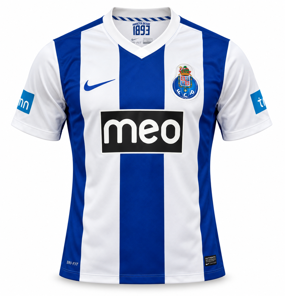 Camisa retrô do FC Porto titular da Nike listrada de azul e branco, com meo no peito e tmn nas mangas
