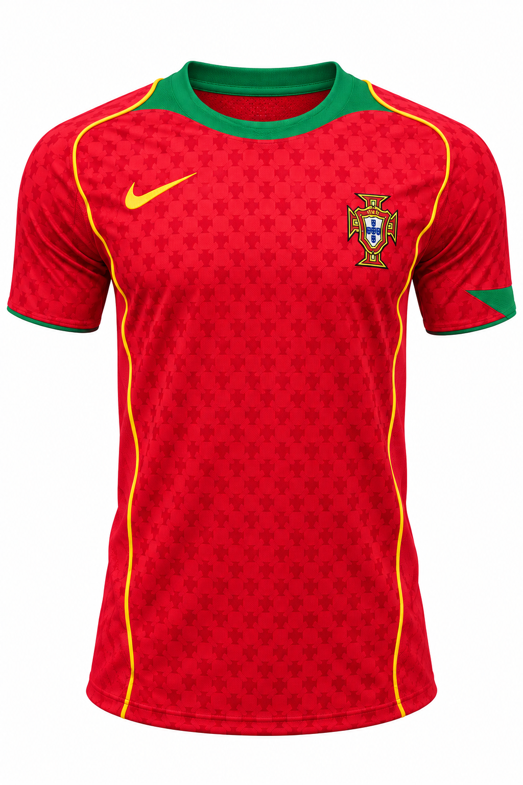 Camisa retrô vermelha de Portugal 2004 da Nike com gola verde e frisos amarelos