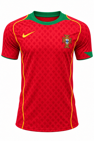 Camisa retrô vermelha de Portugal 2004 da Nike com gola verde e frisos amarelos