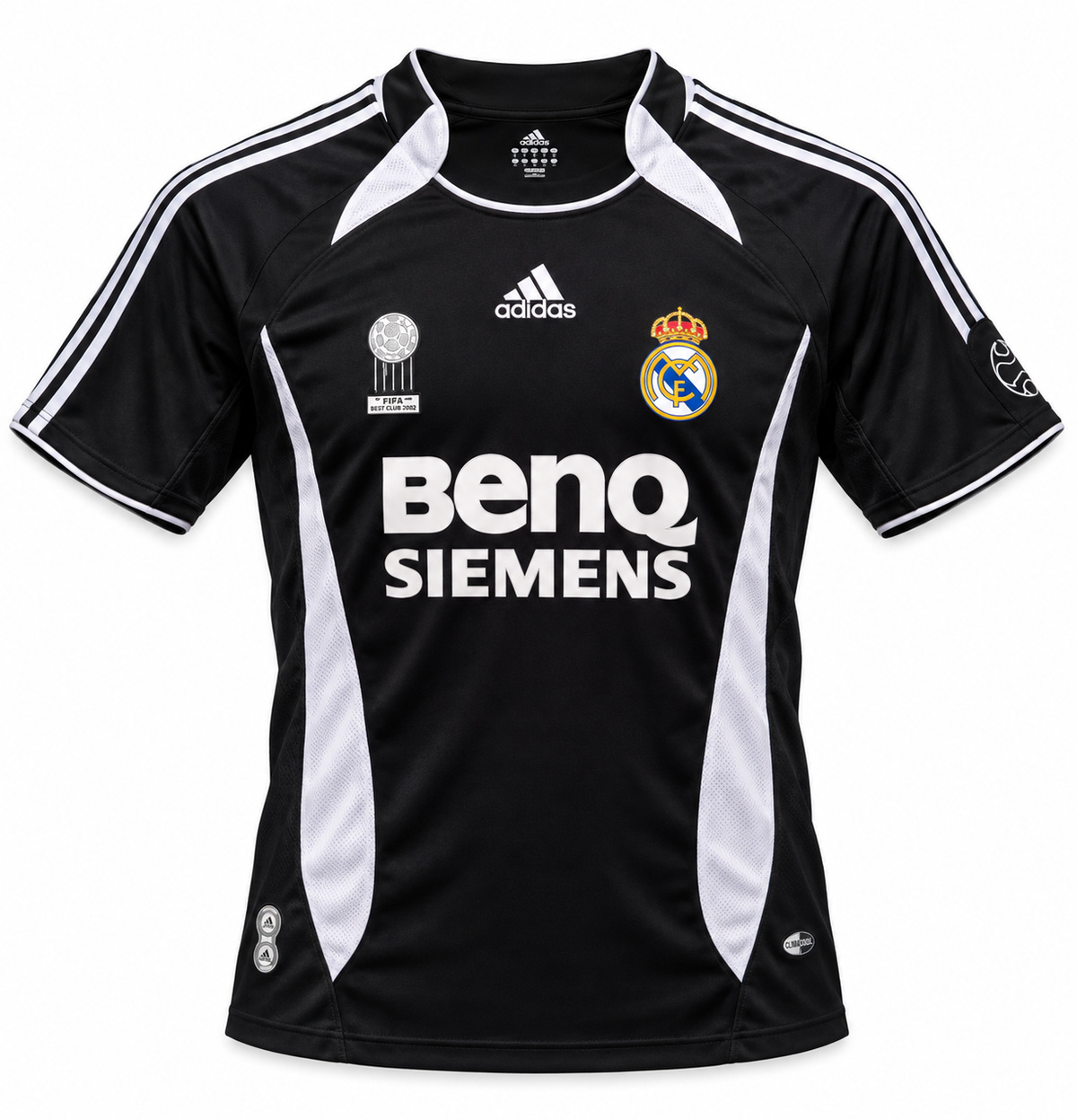 Camiseta retro negra del Real Madrid 2006/07 con paneles blancos y BenQ Siemens al pecho