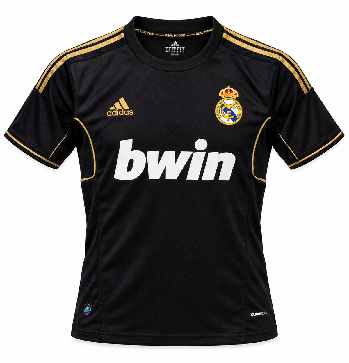Camiseta retro negra del Real Madrid 2011/12 con franjas doradas y bwin en blanco