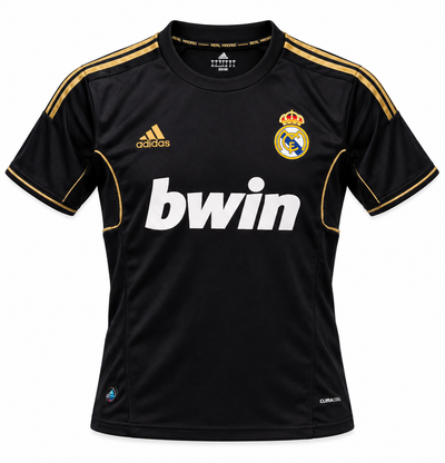 Camisa retrô preta do Real Madrid 2011/12 com listras douradas e bwin em branco