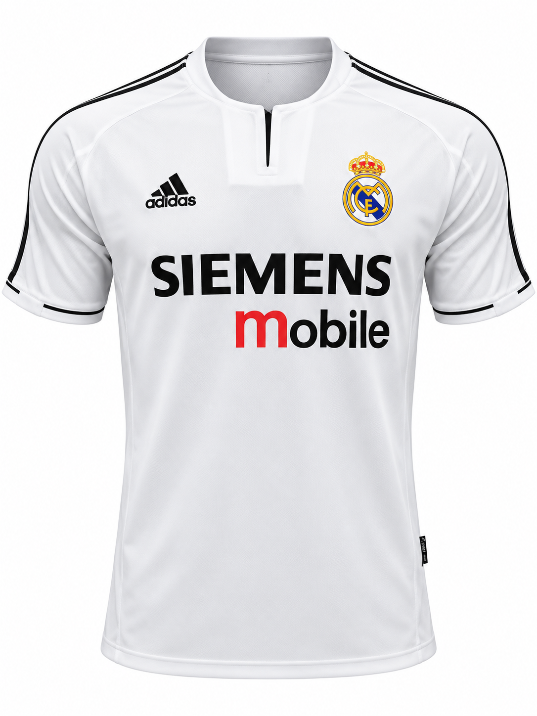 Camisa retrô Real Madrid branca com Siemens mobile e listras pretas