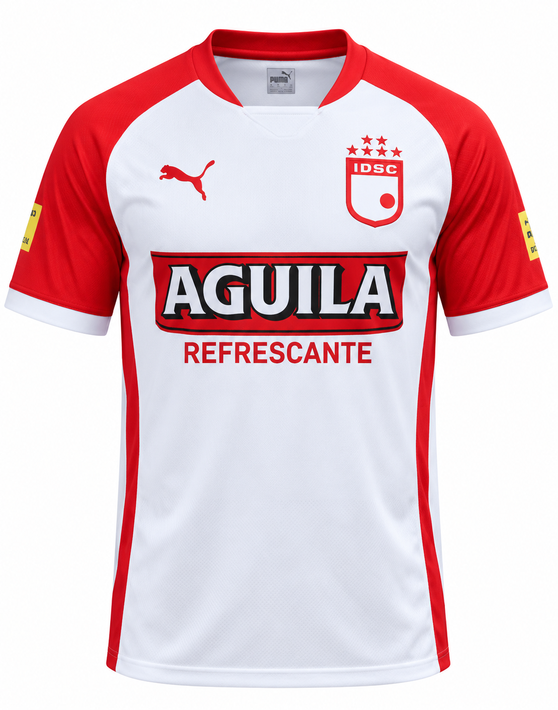 Camiseta retro blanca de Santa Fe 2008 con mangas rojas, marca Puma y Águila Refrescante al pecho, foto de estudio