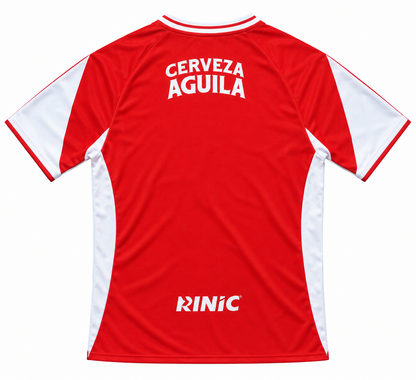 Back of the red Santa Fe retro jersey with Cerveza Águila at the top and Rinic at the bottom