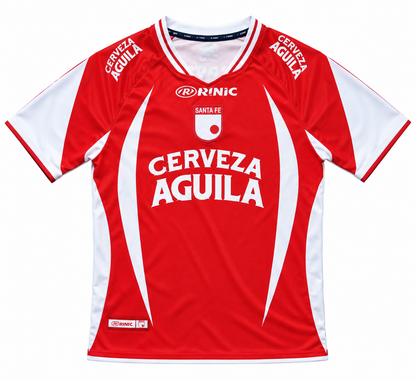 Front of the red Santa Fe retro jersey by Rinic, with white panels and Cerveza Águila on the chest and shoulders
