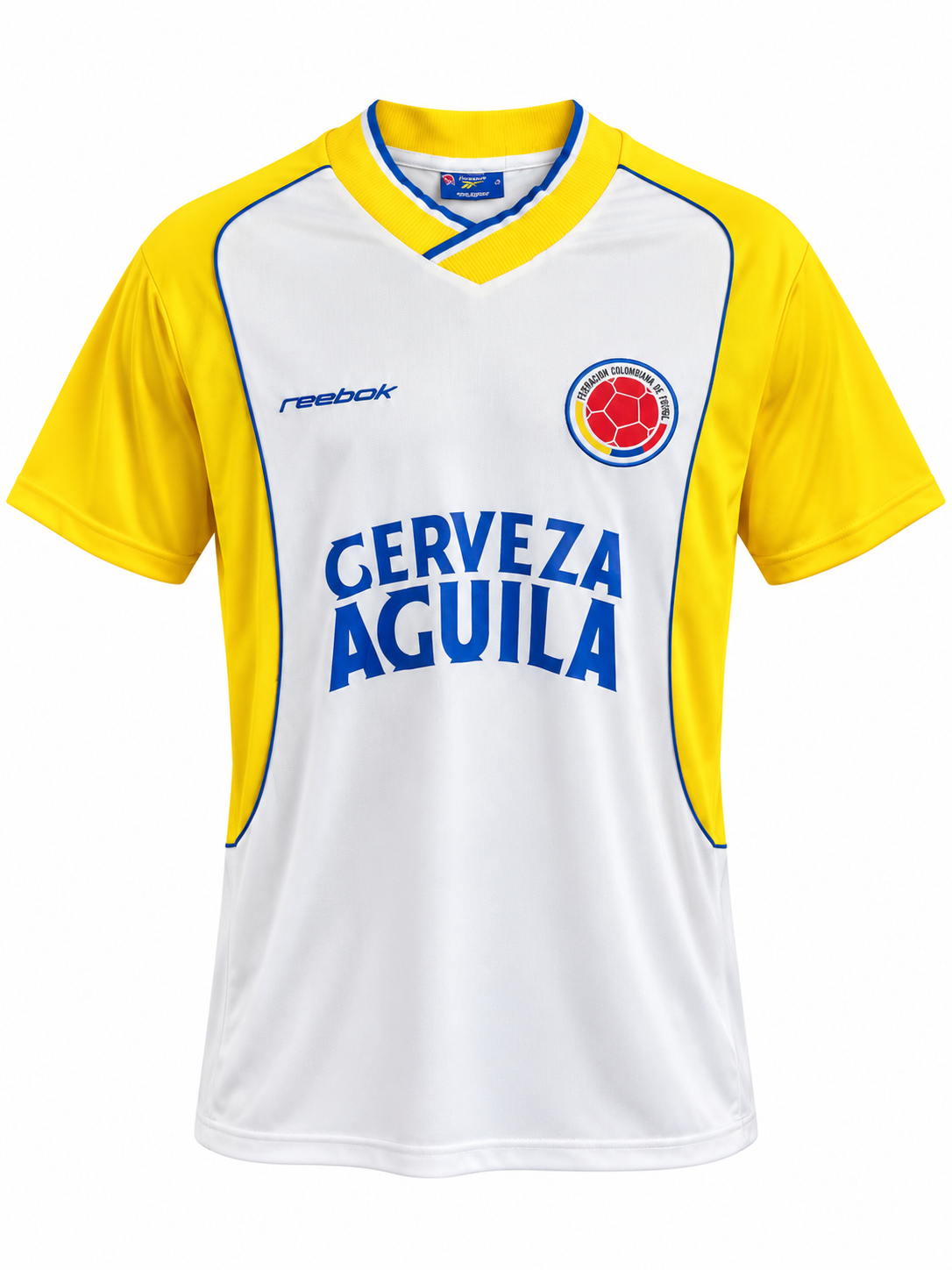 White Colombia national team Reebok retro jersey with yellow sleeves and Cerveza Águila on the chest